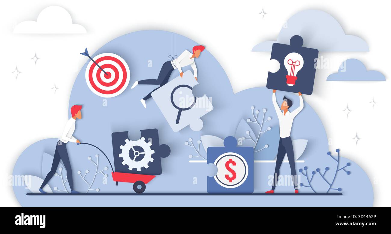 Business people assembling puzzle pieces with icons for teamwork ...