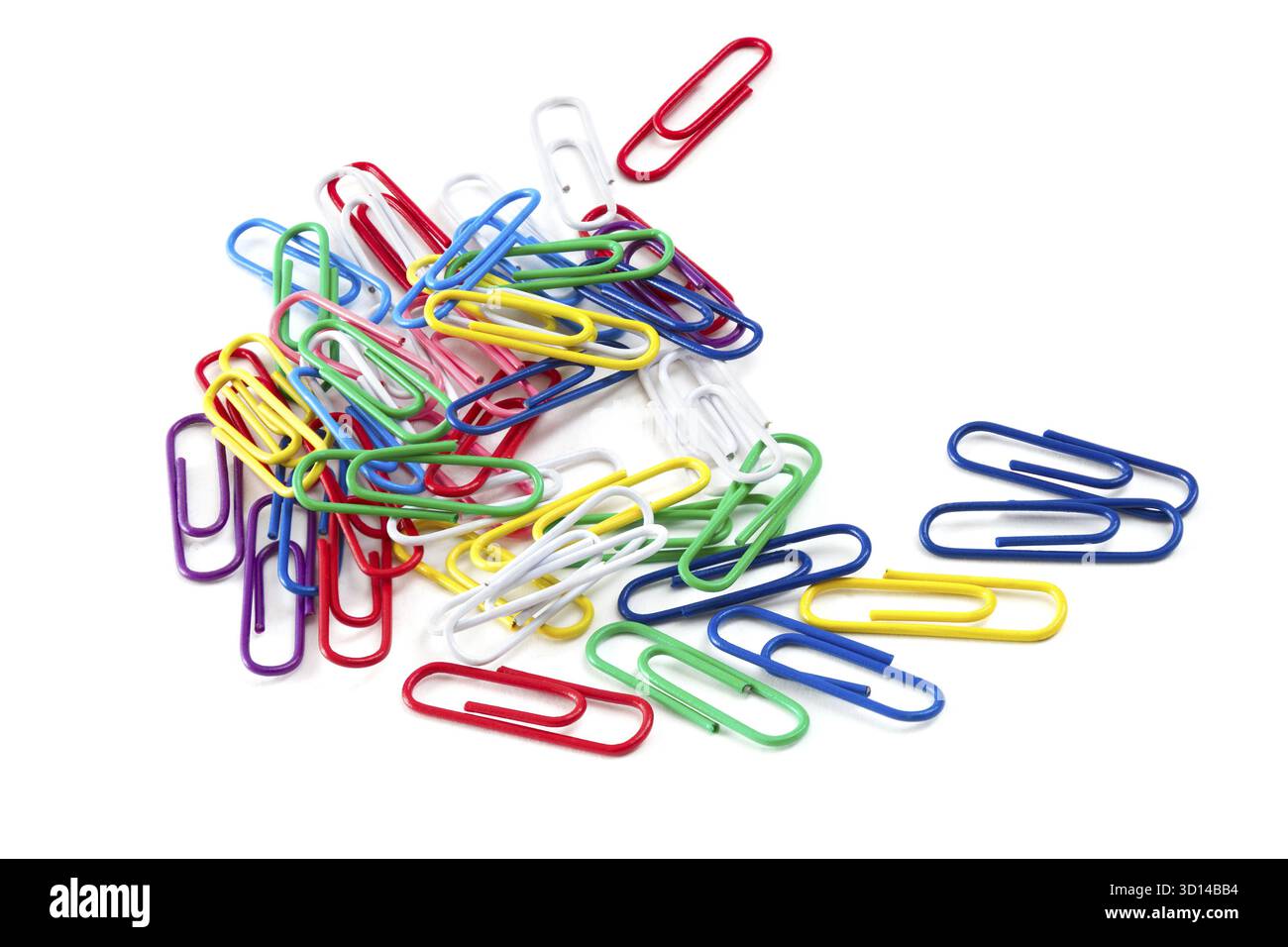 Colored paper clips on a white background Stock Photo