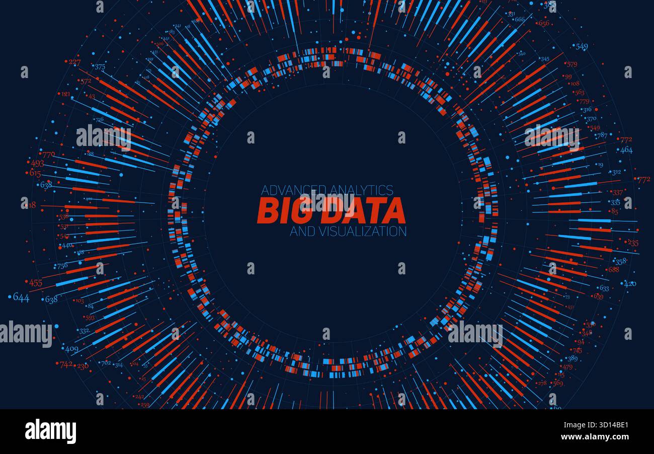 Vector abstract colorful round big data information visualization. Social network, financial analysis of complex databases. Visual information Stock Vector