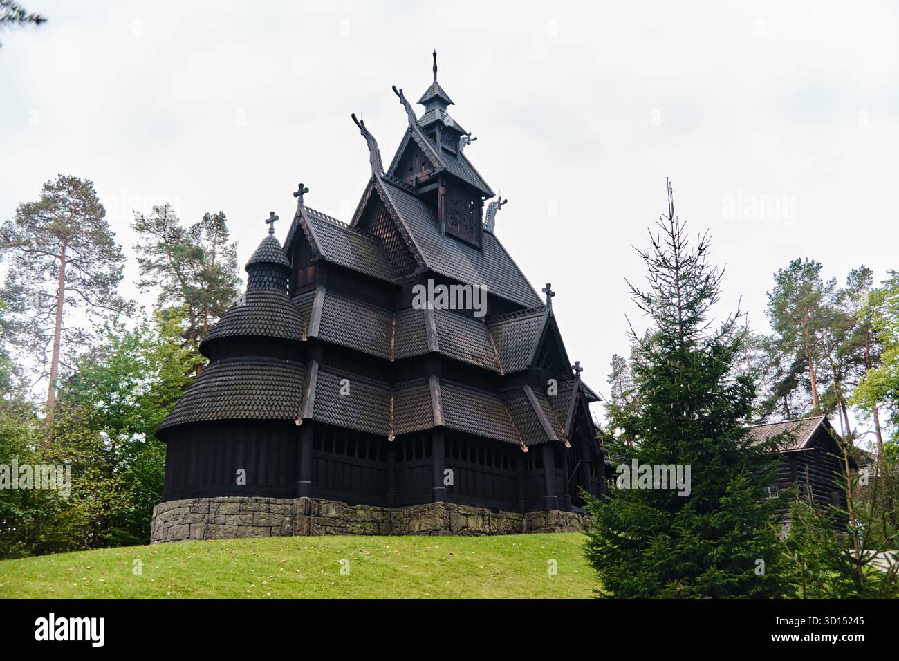 Oslo, Norway - September 8, 2025: The ancient Stave Church, Stavkirke from Gol in the Norsk Folkemuseum an open air Museum in Bygdøy Stock Photo