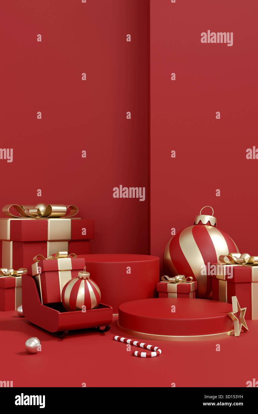 3D render of luxury christmas stage podiums and golden gift boxes on a ...