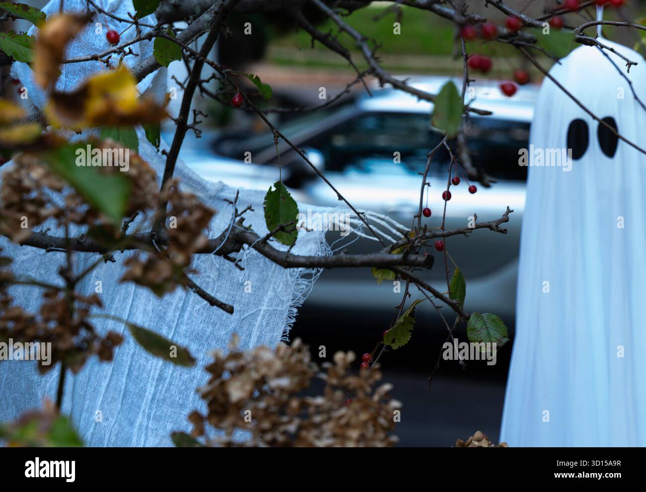 Ghostly Halloween figures outside a house Stock Photo
