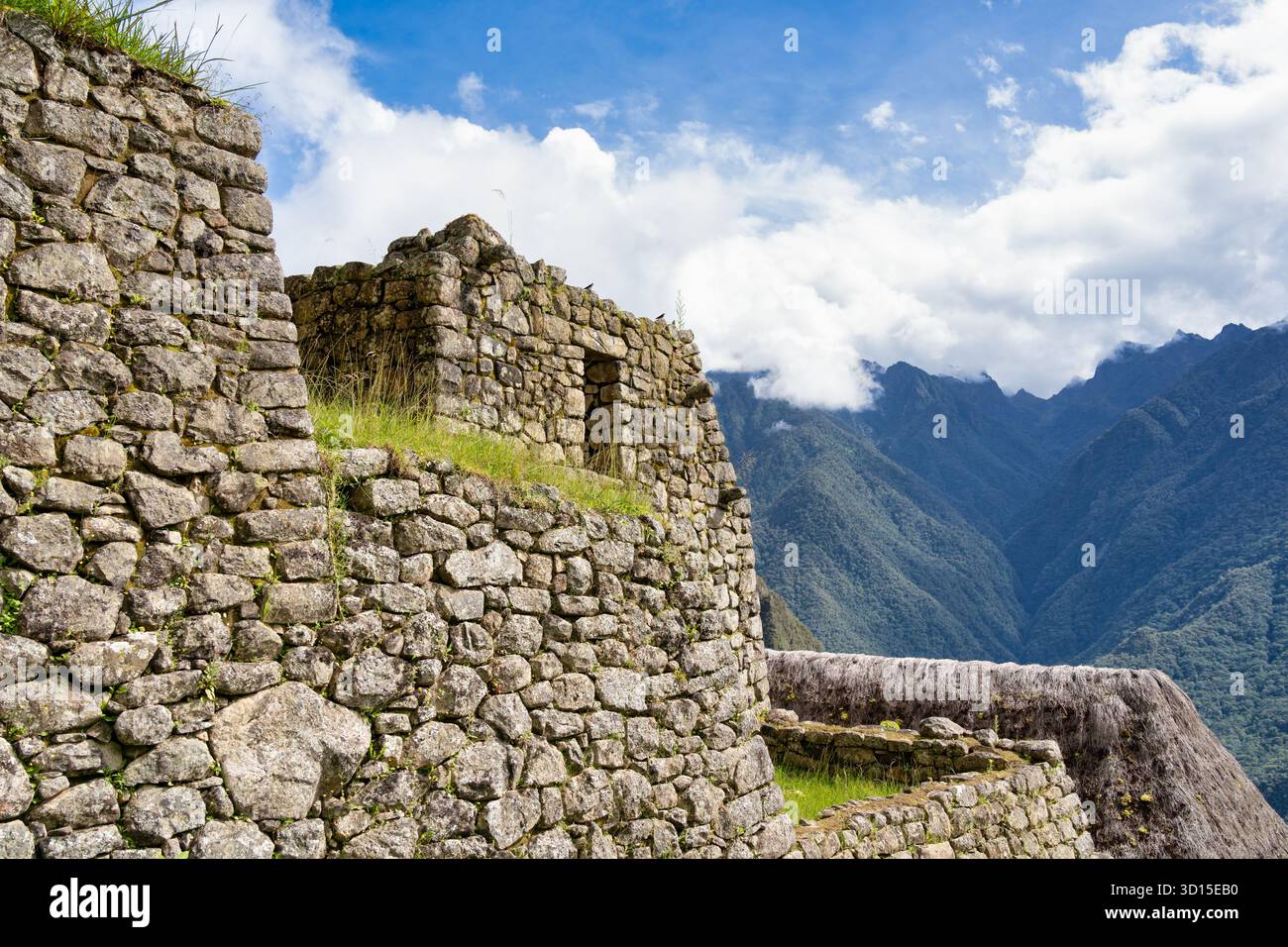 Close-up view with the ancient Inca stone walls at Machu Picchu, Peru ...