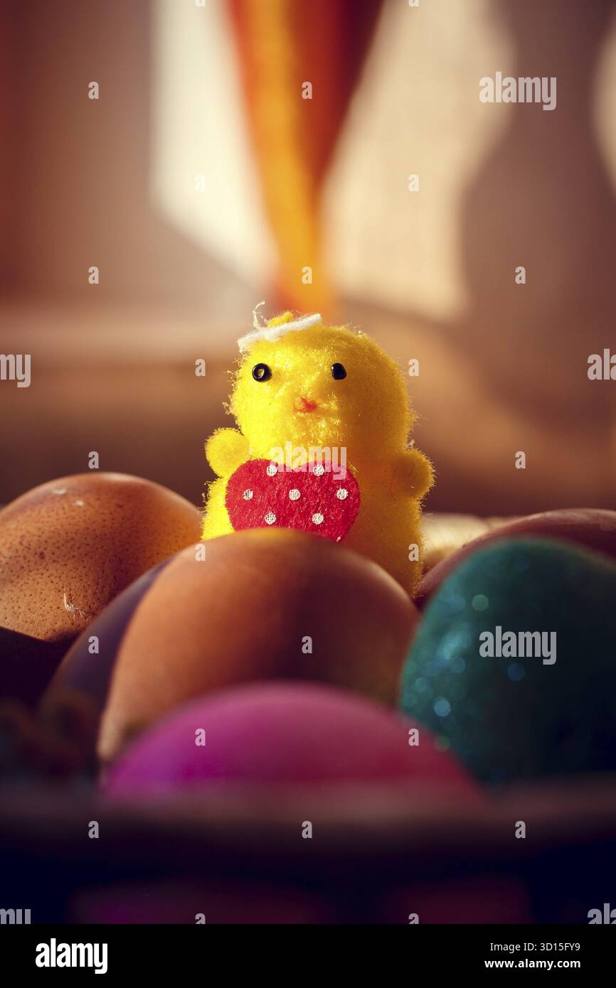 Little toy Easter chickens. Happy easter . Holiday Decorations Stock Photo