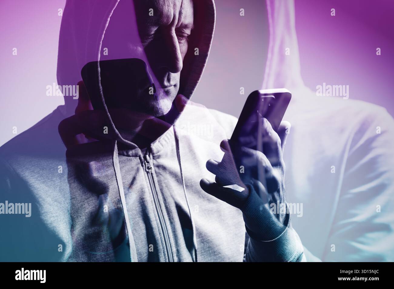 Double exposure of man in hoodie using smartphone, creative concept symbolizing technology, connection, and digital identity. Selective focus. Stock Photo