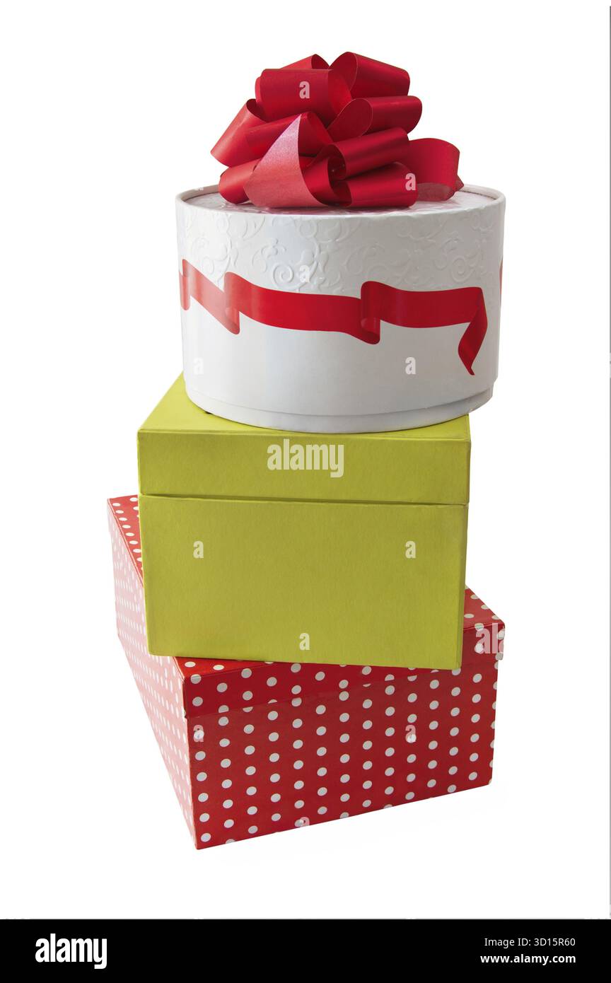Three boxes with gifts isolated on white background Stock Photo
