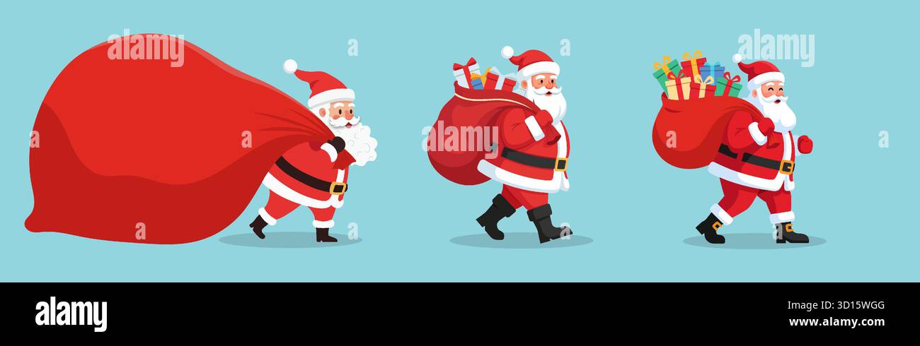 Cartoon Santa Claus bring with sack of gifts set Cute and festive ...