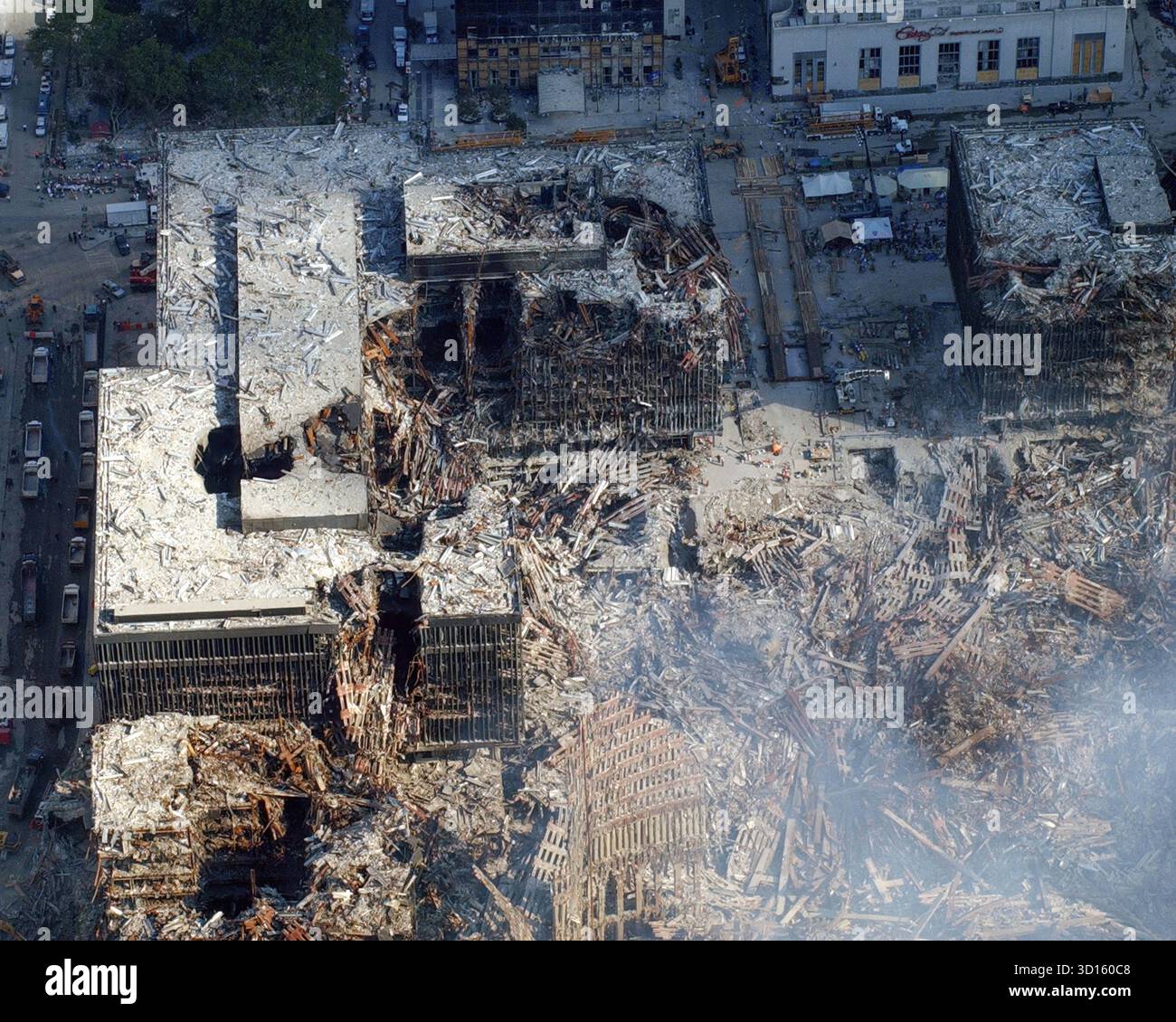 A high-angle view of the area known as “Ground Zero” showing the rubble ...