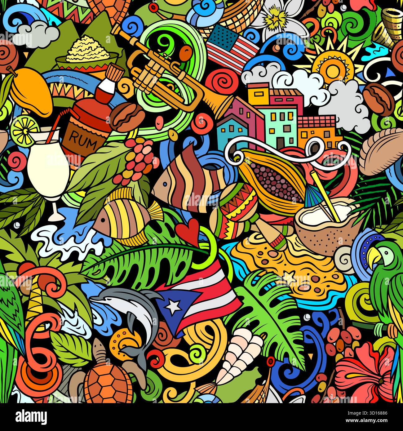 Vector background with Puerto-Rican Caribbean culture traditional ...