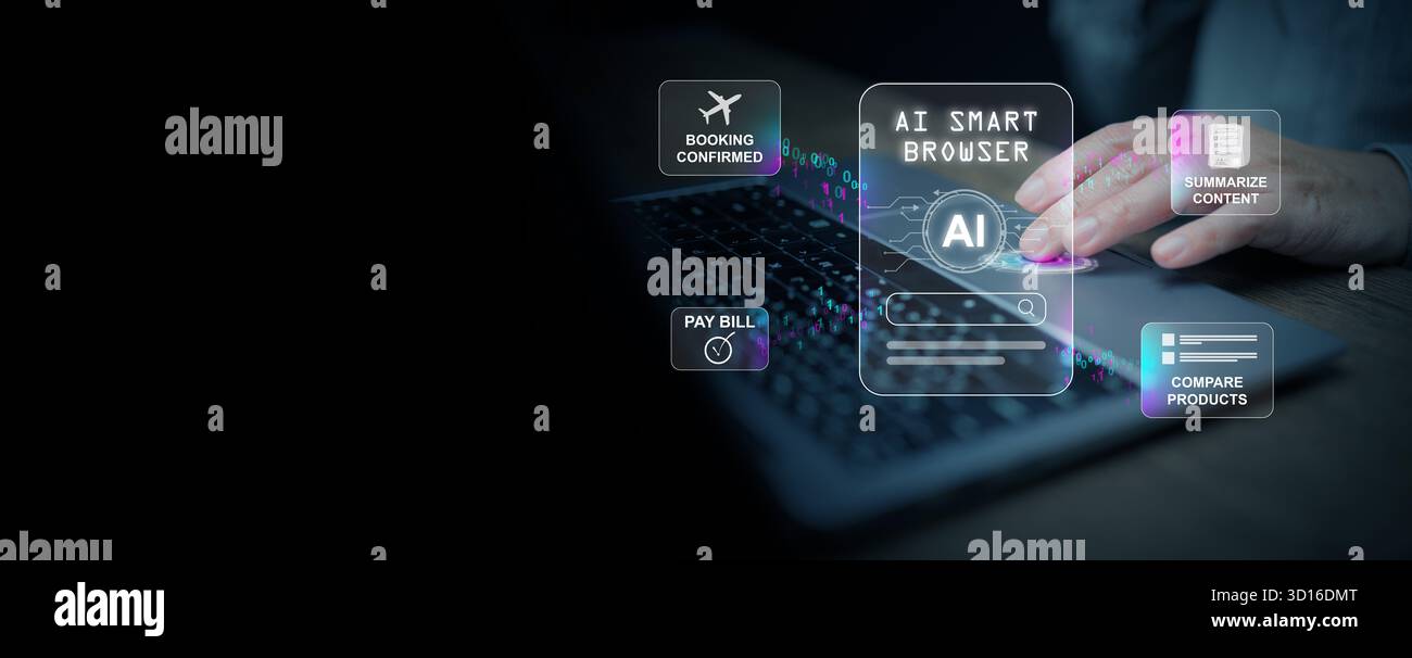 Person interacting with AI smart browser dashboard performing tasks including booking, summarizing, and product comparison. Innovation, efficiency, an Stock Photo