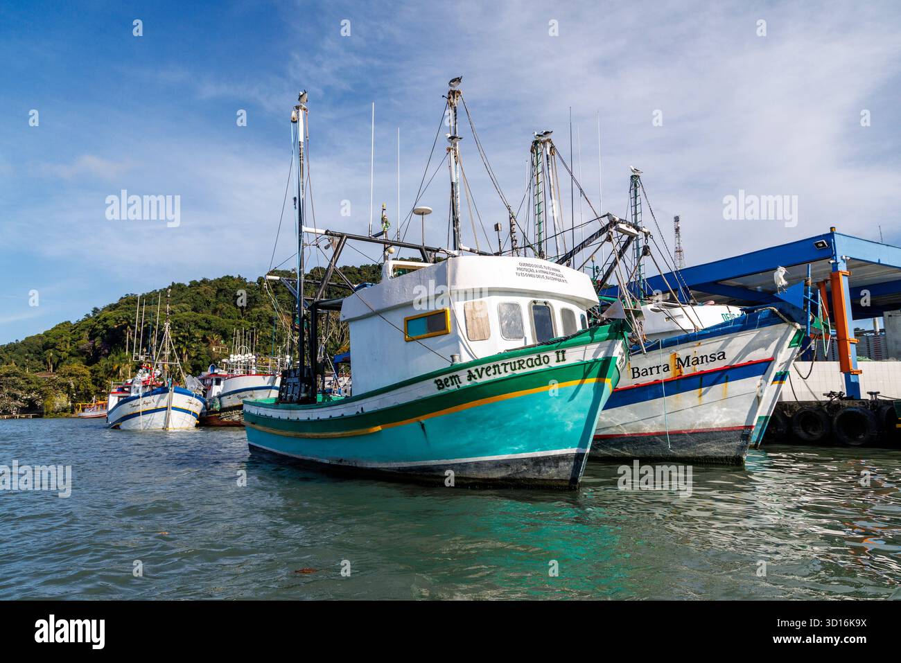Boats moored in harbour, Cananeia, Brazil Stock Photo