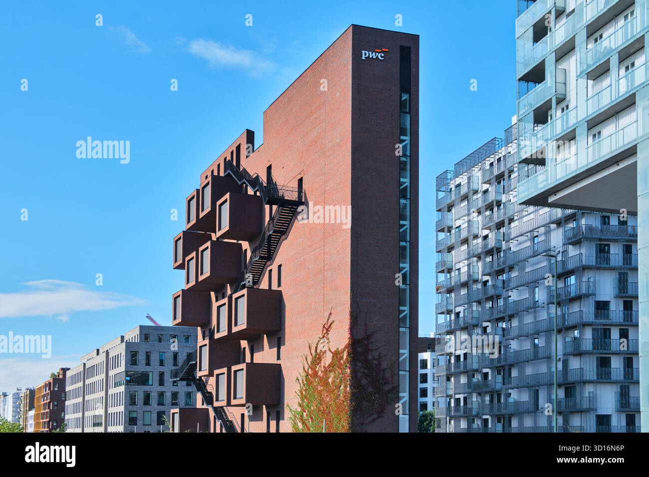 Oslo, Norway - Sept. 8, 2025:The Wedge Office Building, designed by A-Lab, combines cantilevered meeting rooms with a zigzagging external staircase Stock Photo