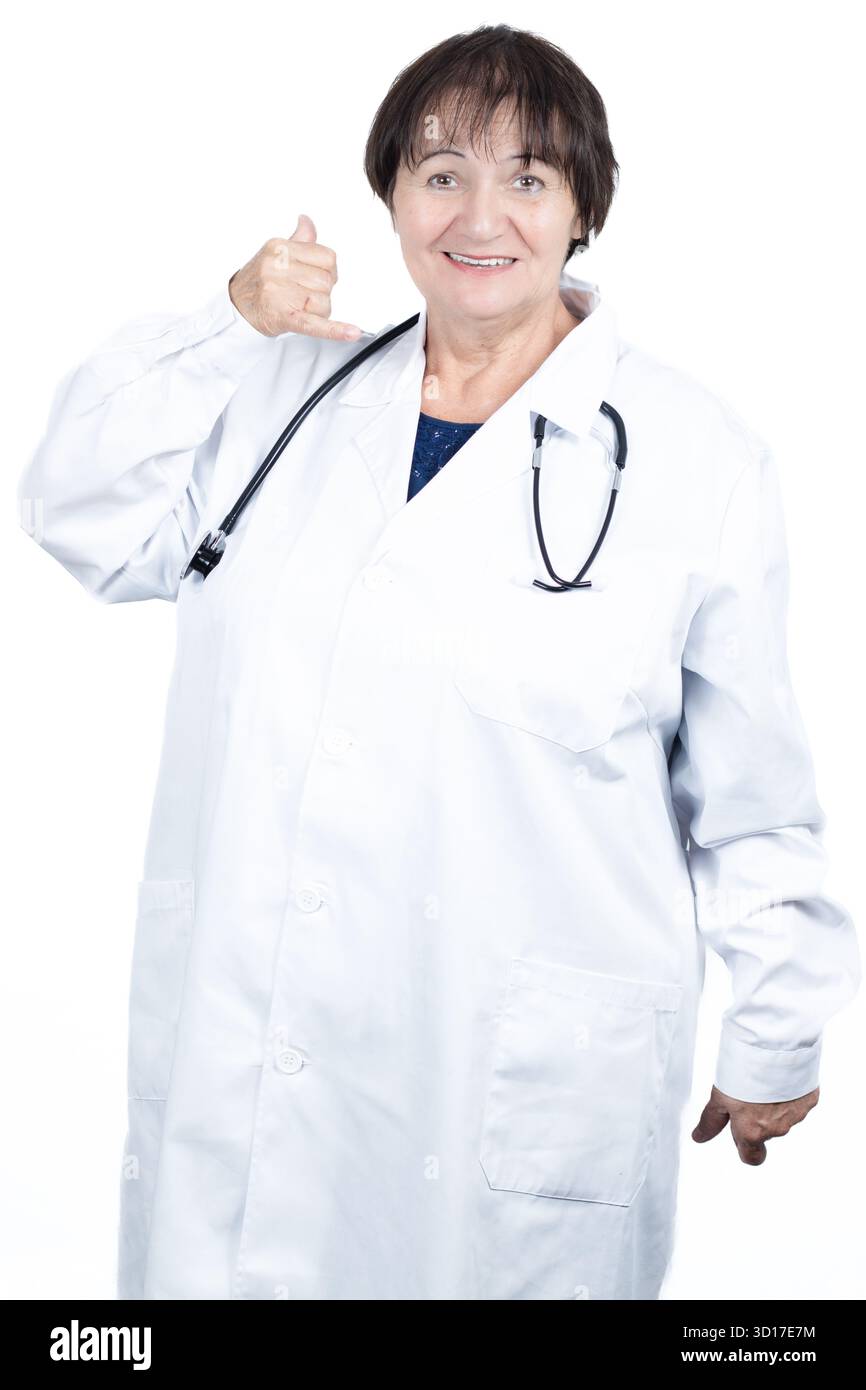 Call gesture senior female doctor hi-res stock photography and images ...