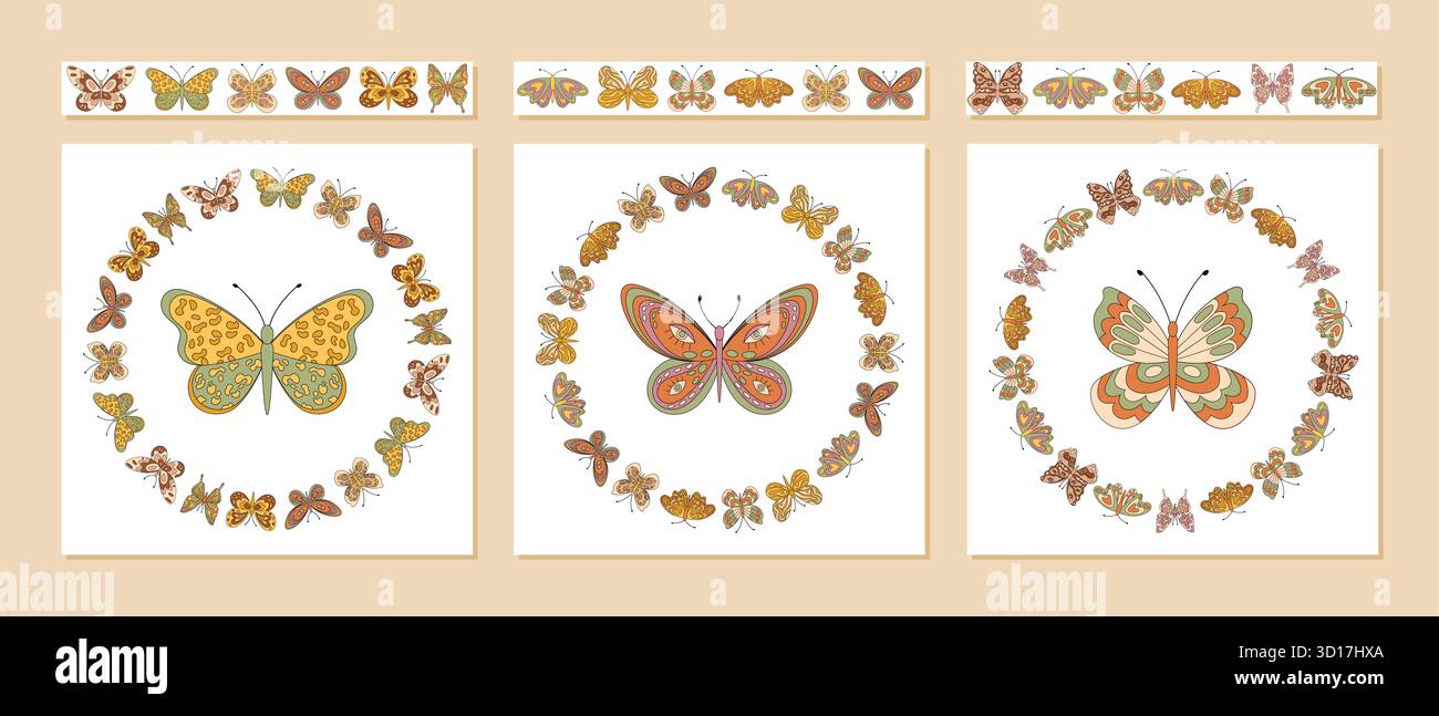 Groovy Retro Butterfly Seamless Border Set Stock Vector