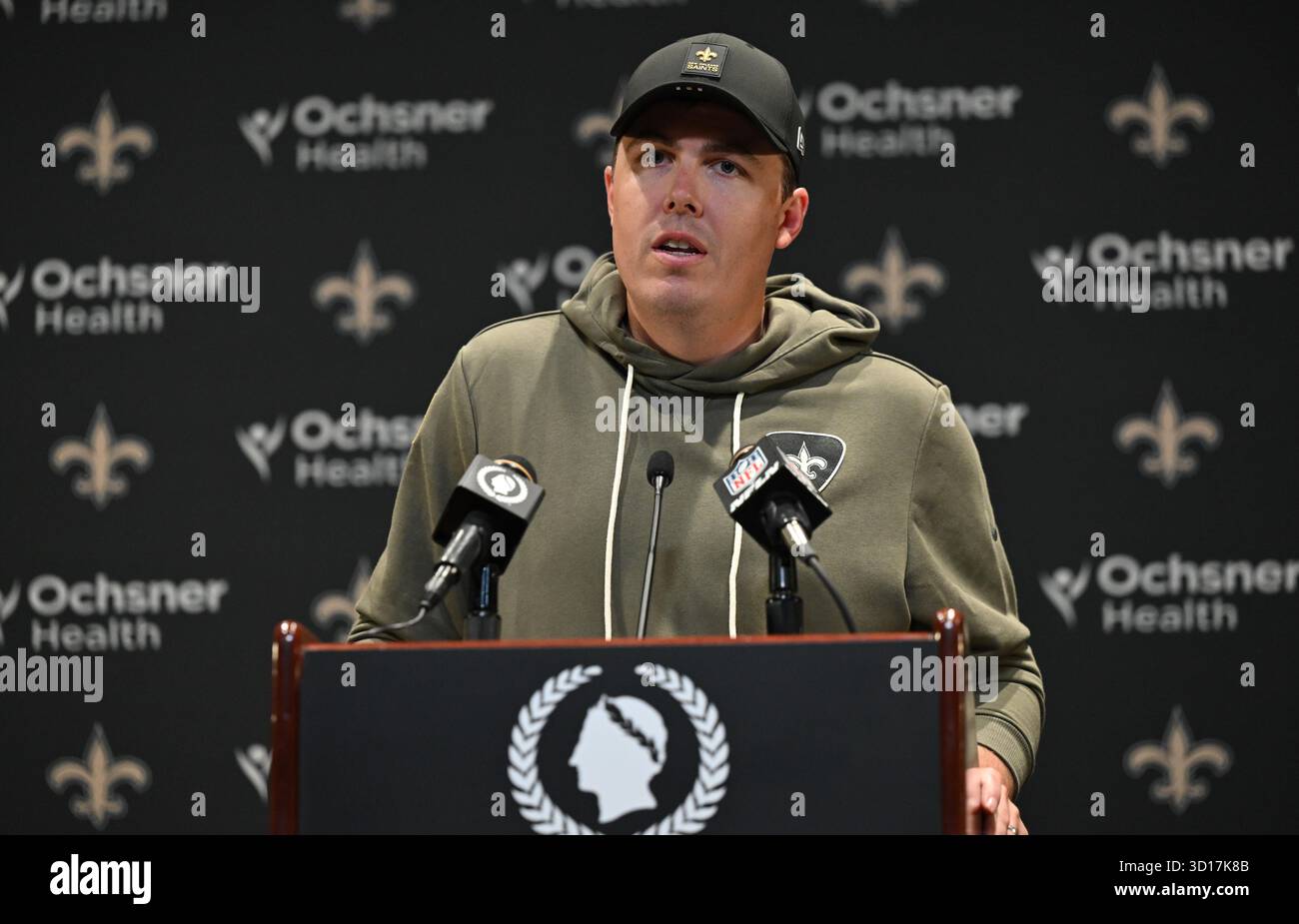 New Orleans Saints head coach Kellen Moore speaks to the media after an ...