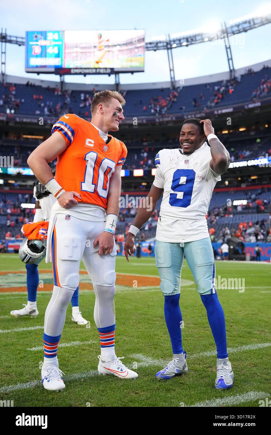 Denver Rave Turpin Denver Broncos quarterback Bo Nix (10) and Dallas Cowboys wide receiver ...