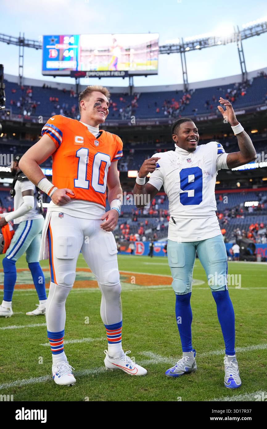 Denver Rave Turpin Denver Broncos quarterback Bo Nix (10) and Dallas Cowboys wide receiver ...