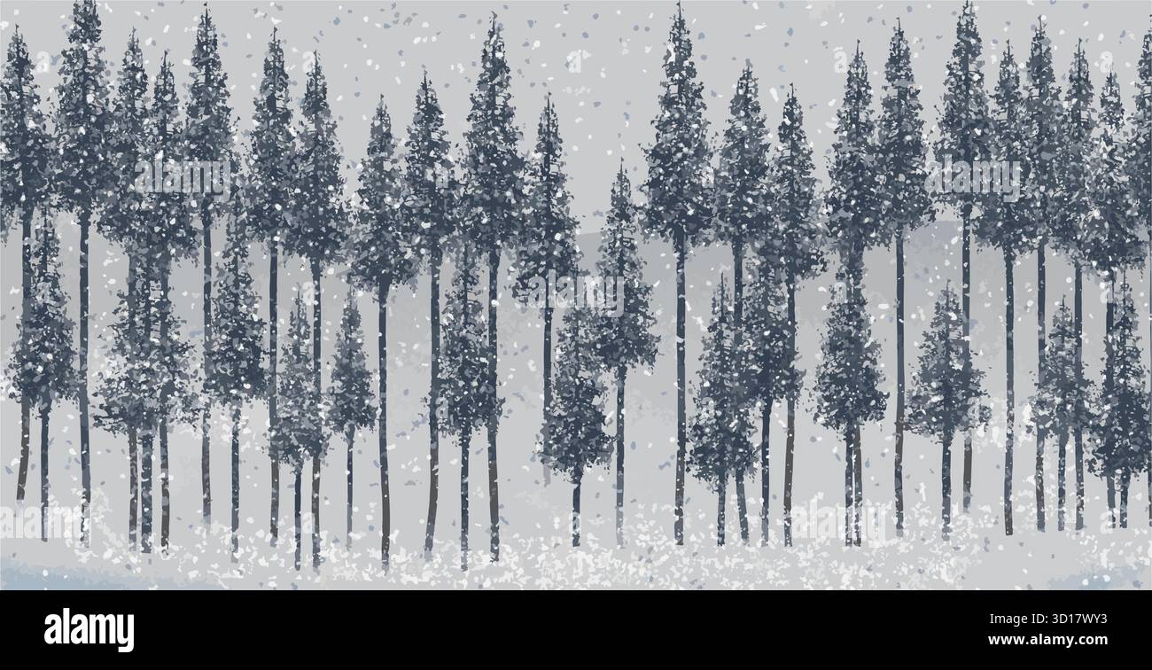 Pine trees are seen during a winter snowstorm Stock Vector