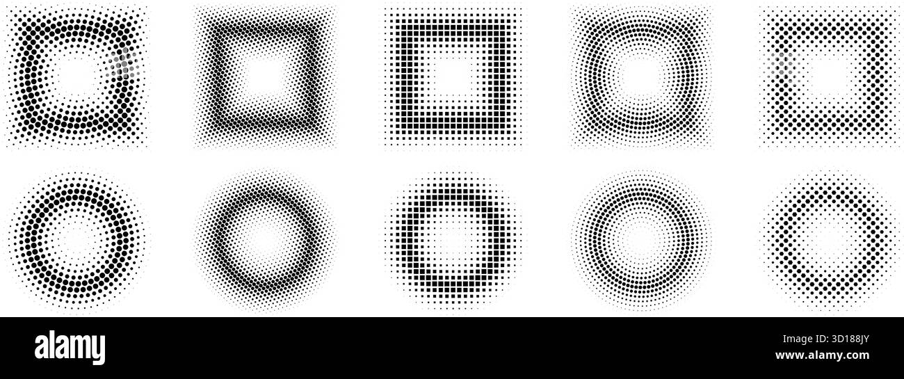 Halftone pixel frames set. Dotted textured round and square borders. Cartoon faded boarders collection. Vector comic bundle gradient shapes. Raster bitmap element pack for poster, collage, banner.  Stock Vector