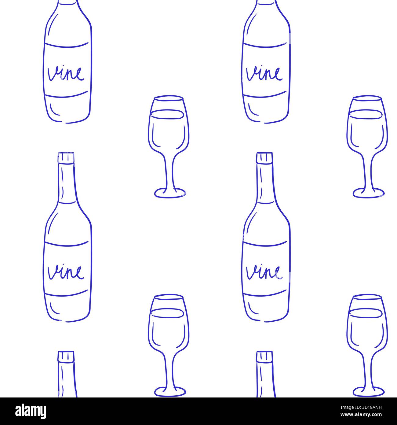 Stylized design showcases various wine bottles and glasses in a repeated pattern, perfect for wine-themed decor or branding. The illustration uses a s Stock Vector