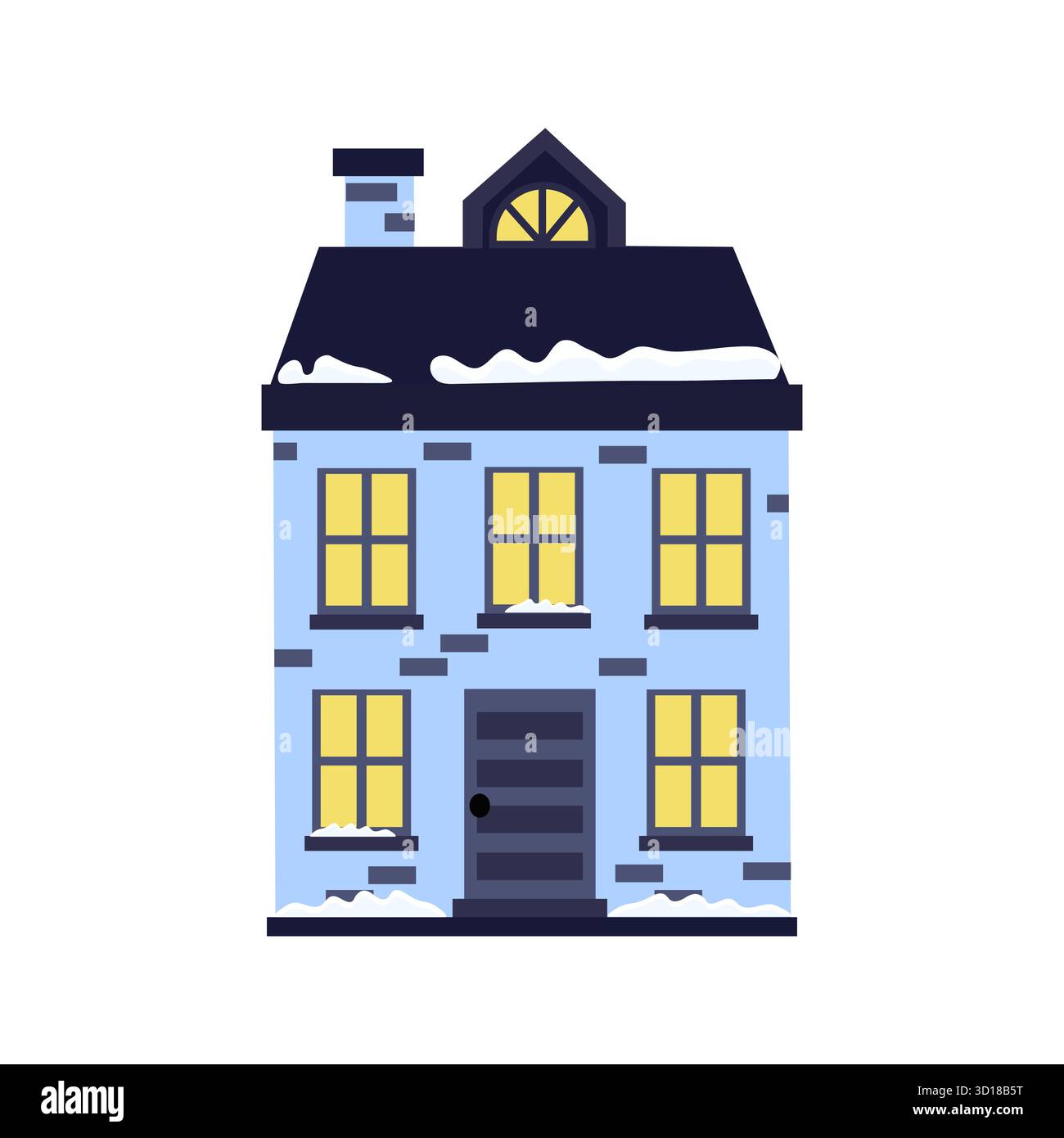 This cozy blue house features a snow-covered roof and bright windows ...