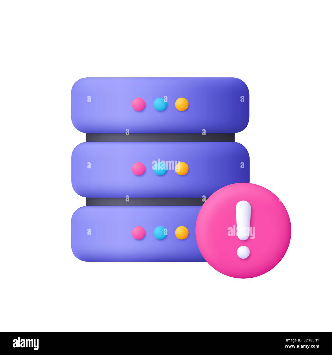 Purple server rack with and exclamation mark warning symbol. Data center, server error, system failure, database issue, IT and cybersecurity concept. Stock Vector
