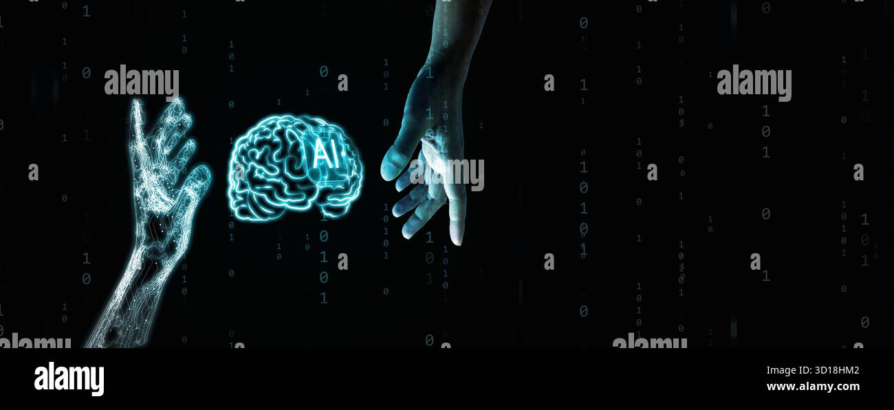 Artificial intelligence inside a digital brain between human and robotic hands with a binary code background. AI and man connection, trust, collaborat Stock Photo