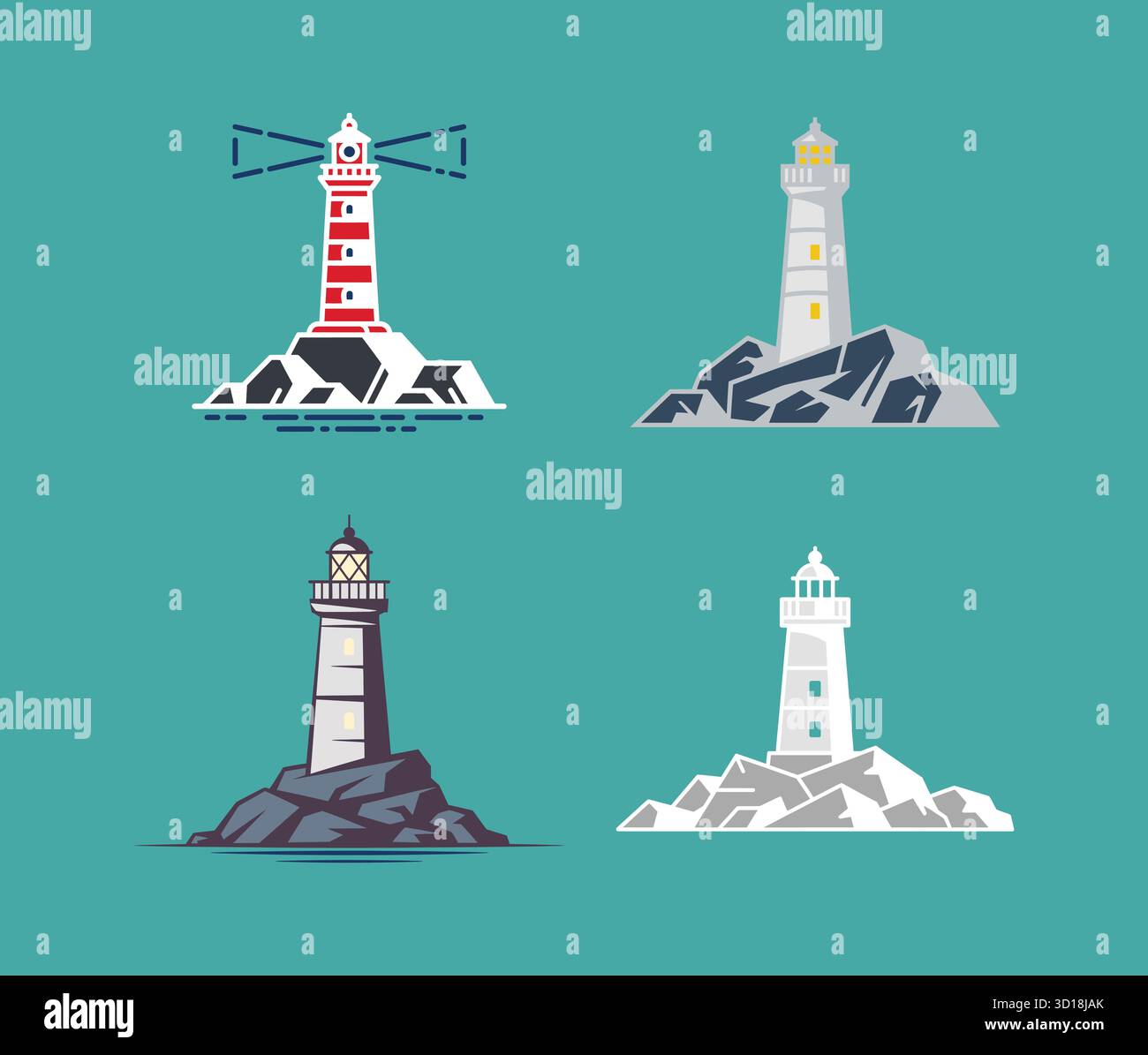 Set of lighthouse vector icons on rocks Stock Vector