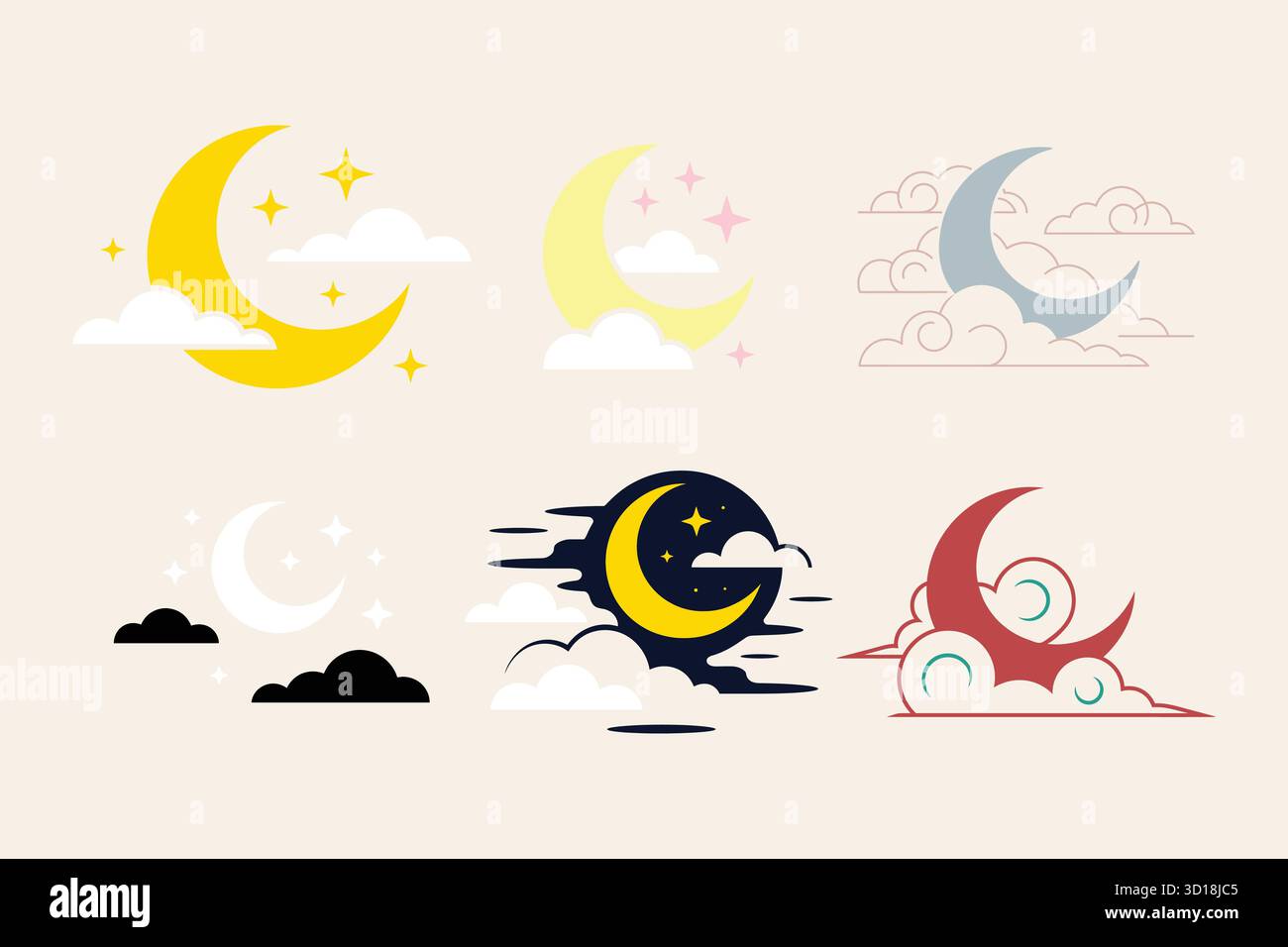 Cute cartoon moon vector set, symbols for night, sleep, and weather ...