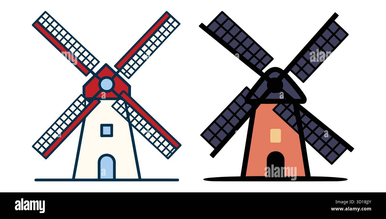 Collection of traditional Dutch windmill illustrations, isolated vector ...