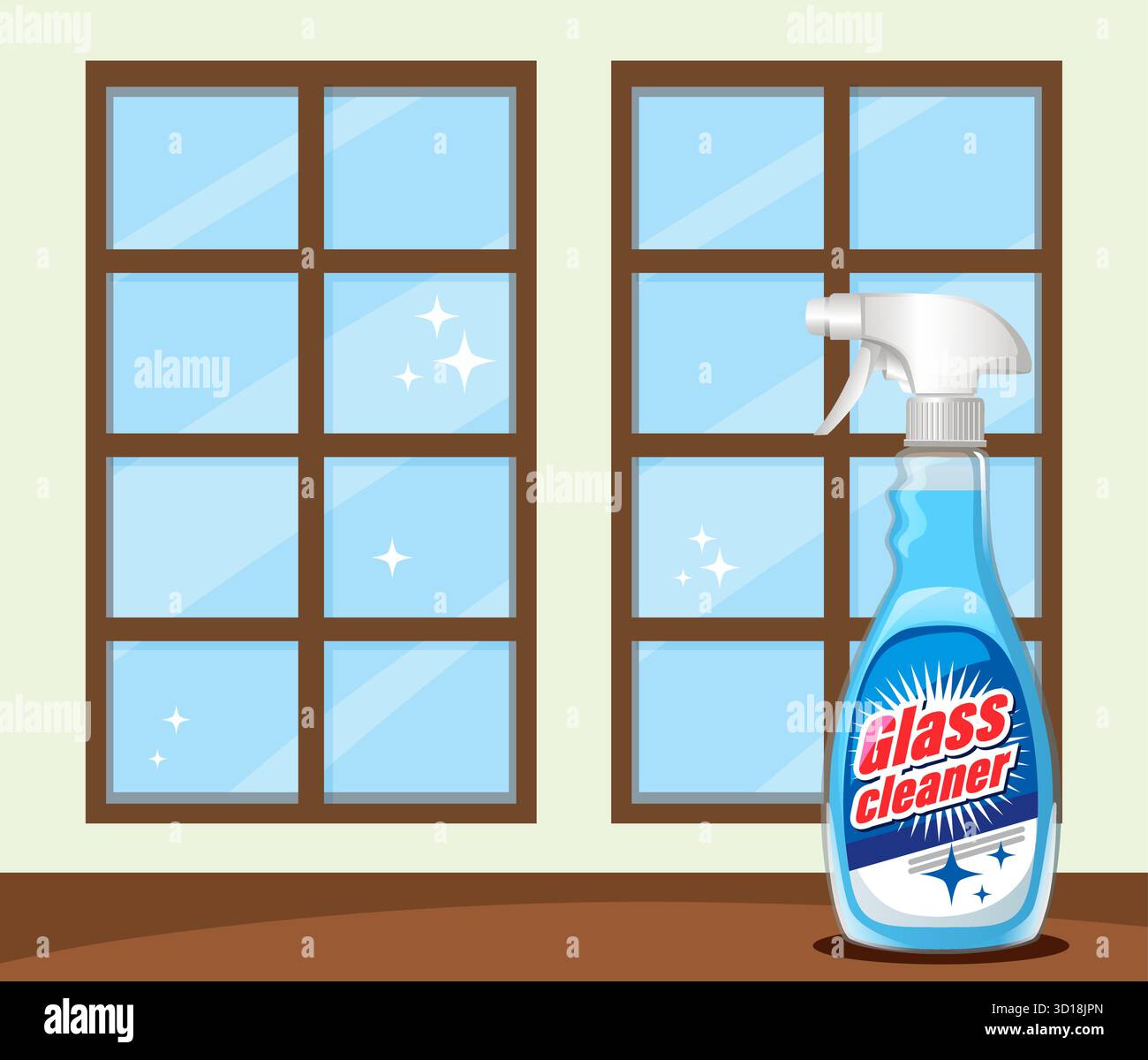 Vector illustration of glass cleaner spray bottle with sparkling clean windows, flat style, bright colors Stock Vector