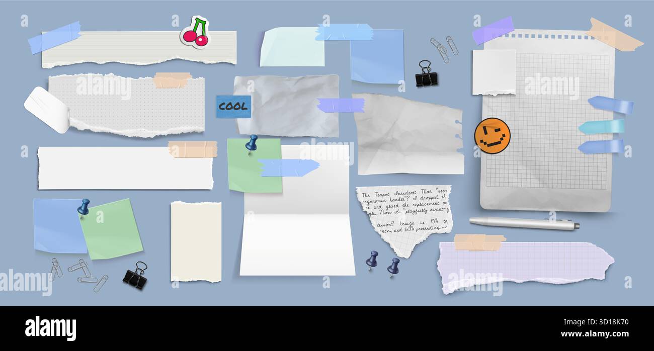 Notebook Paper Ripped Cartoon Torn paper pieces and sticker notes on blue background. Vector ...