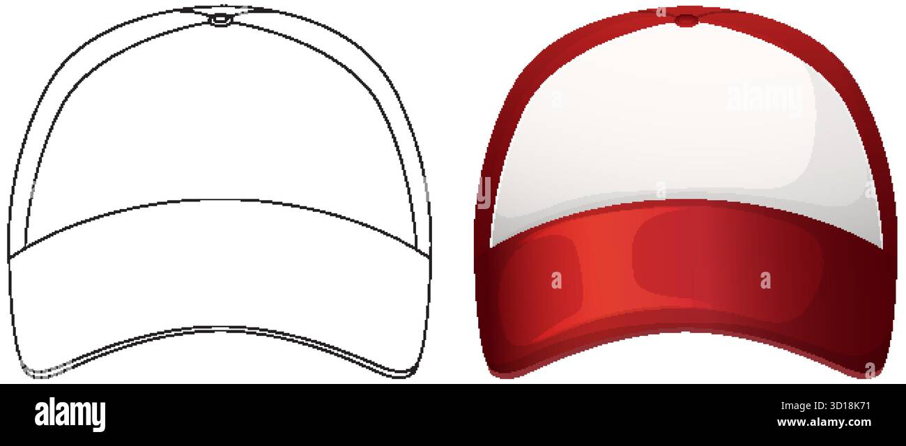 Red trucker cap vector with outline and colored versions, clean lines, simple frontal composition Stock Vector