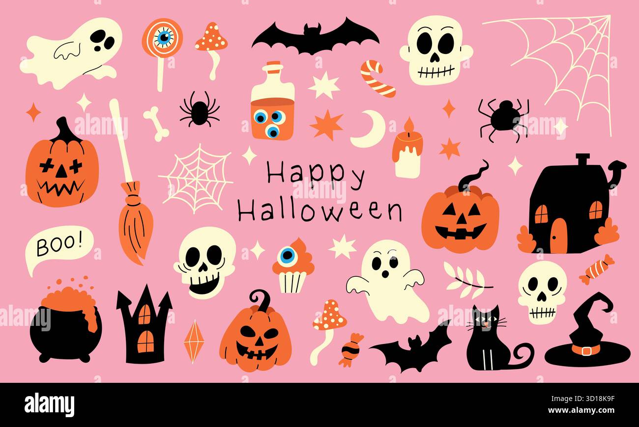 Flat Halloween illustration in pink tones with ghosts, pumpkins, skulls ...