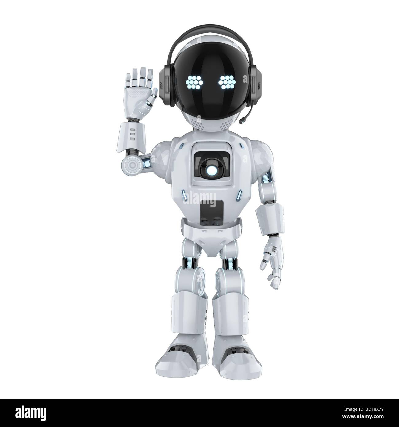 Cute and small artificial intelligence personal assistant robot hand up isolated Stock Photo
