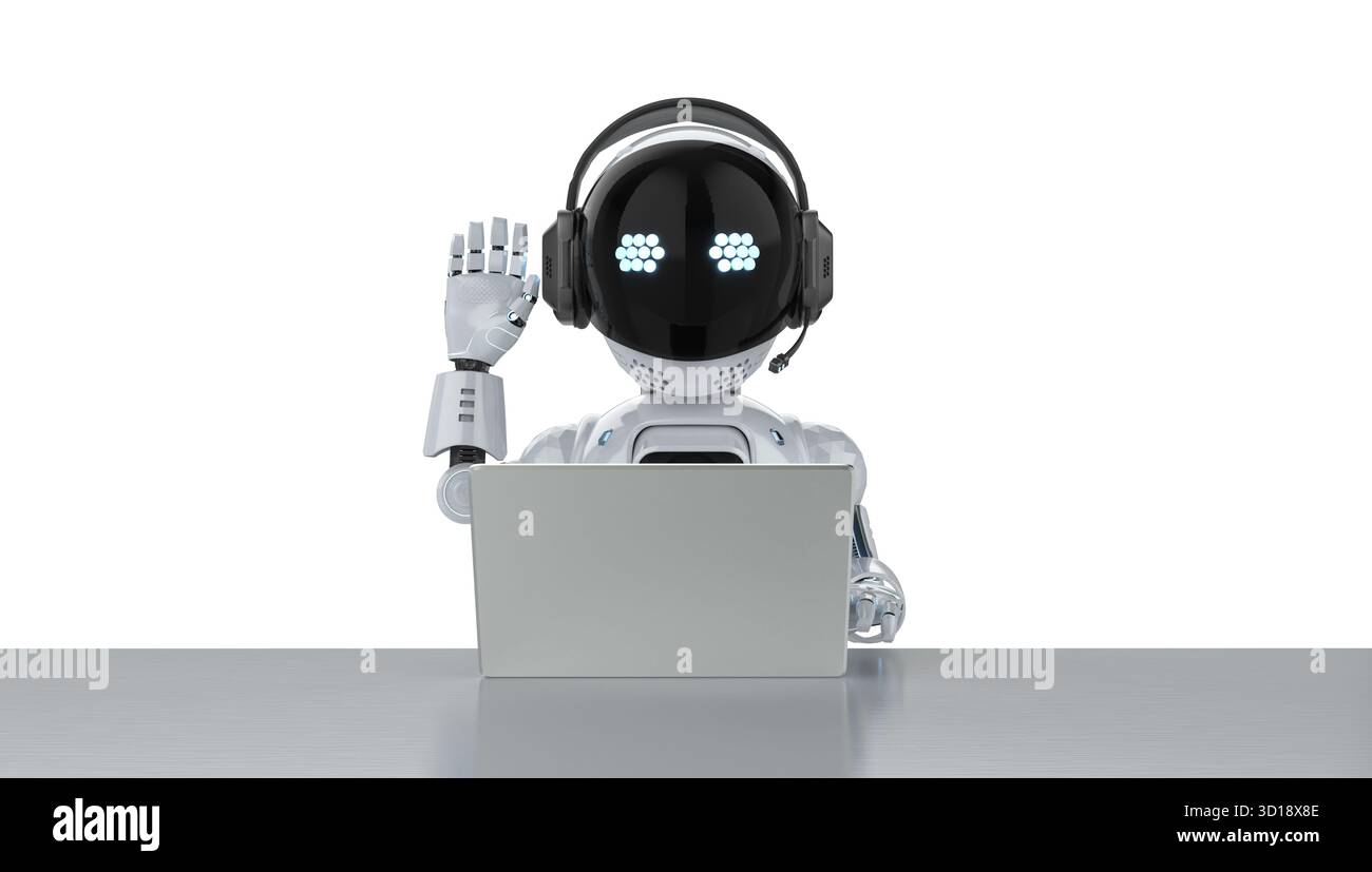 Cute and small 3d rendering artificial intelligence personal assistant robot with computer notebook Stock Photo