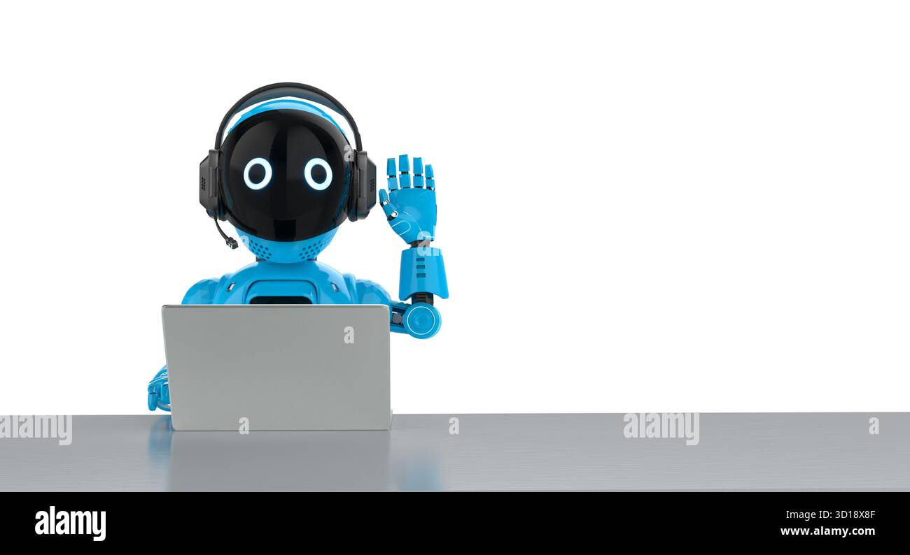 Cute and small 3d rendering artificial intelligence personal assistant robot with computer notebook Stock Photo