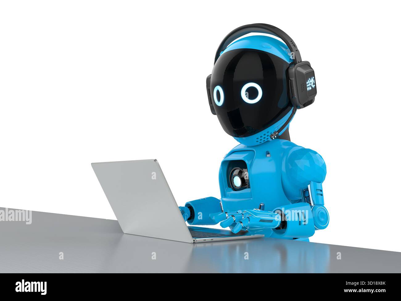 Cute and small 3d rendering artificial intelligence personal assistant robot with computer notebook Stock Photo