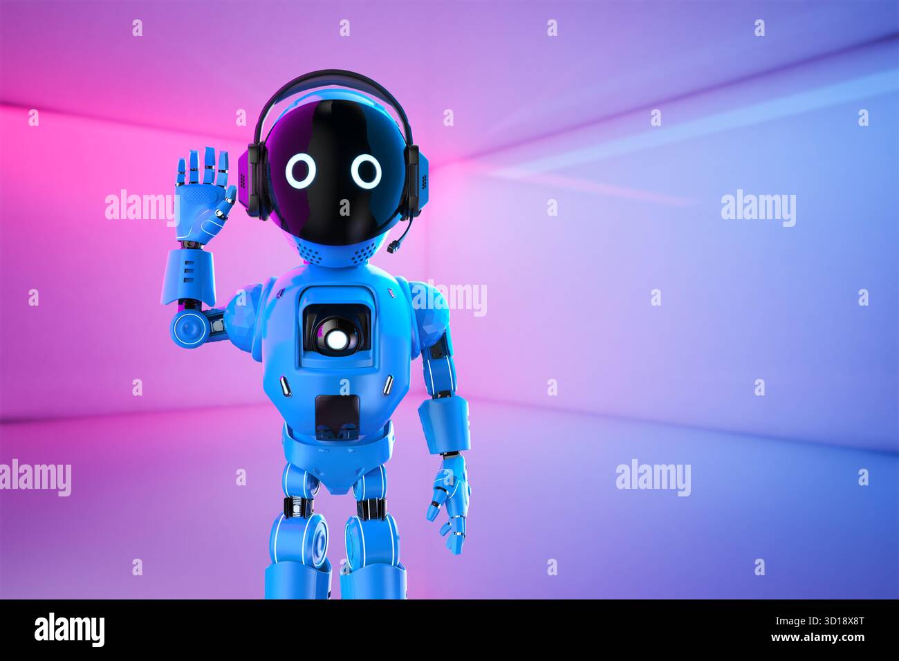 Cute and small artificial intelligence personal assistant robot hand up Stock Photo