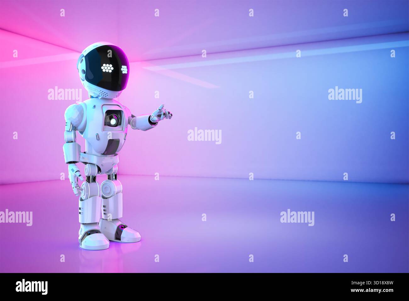 Cute and small artificial intelligence personal assistant robot finger point Stock Photo