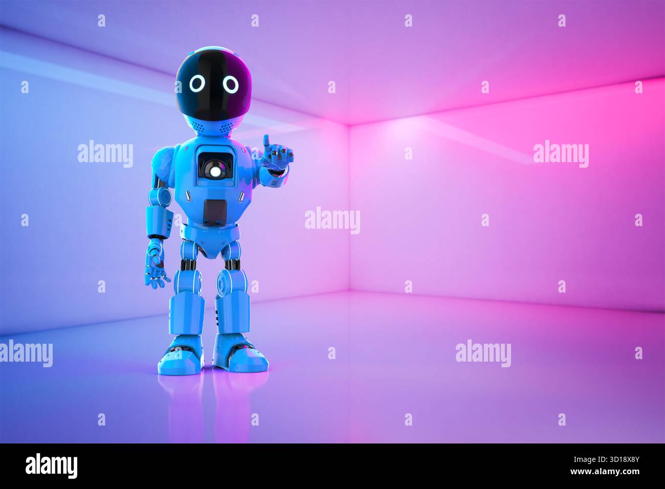 Cute and small artificial intelligence personal assistant robot finger point Stock Photo