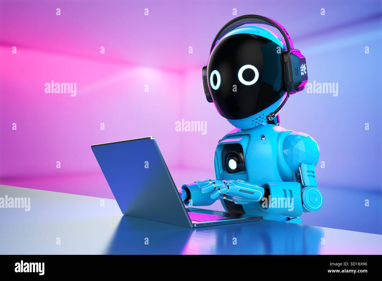Cute and small 3d rendering artificial intelligence personal assistant robot with computer notebook Stock Photo