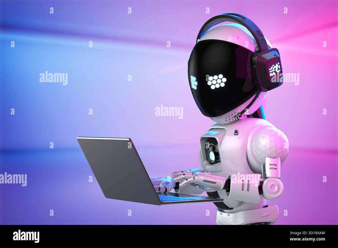 Cute and small 3d rendering artificial intelligence personal assistant robot with computer notebook Stock Photo