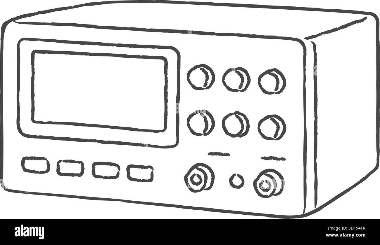 A rectangular device with screen buttons and knobs depicted in simple line art suggests a test instrument Stock Vector