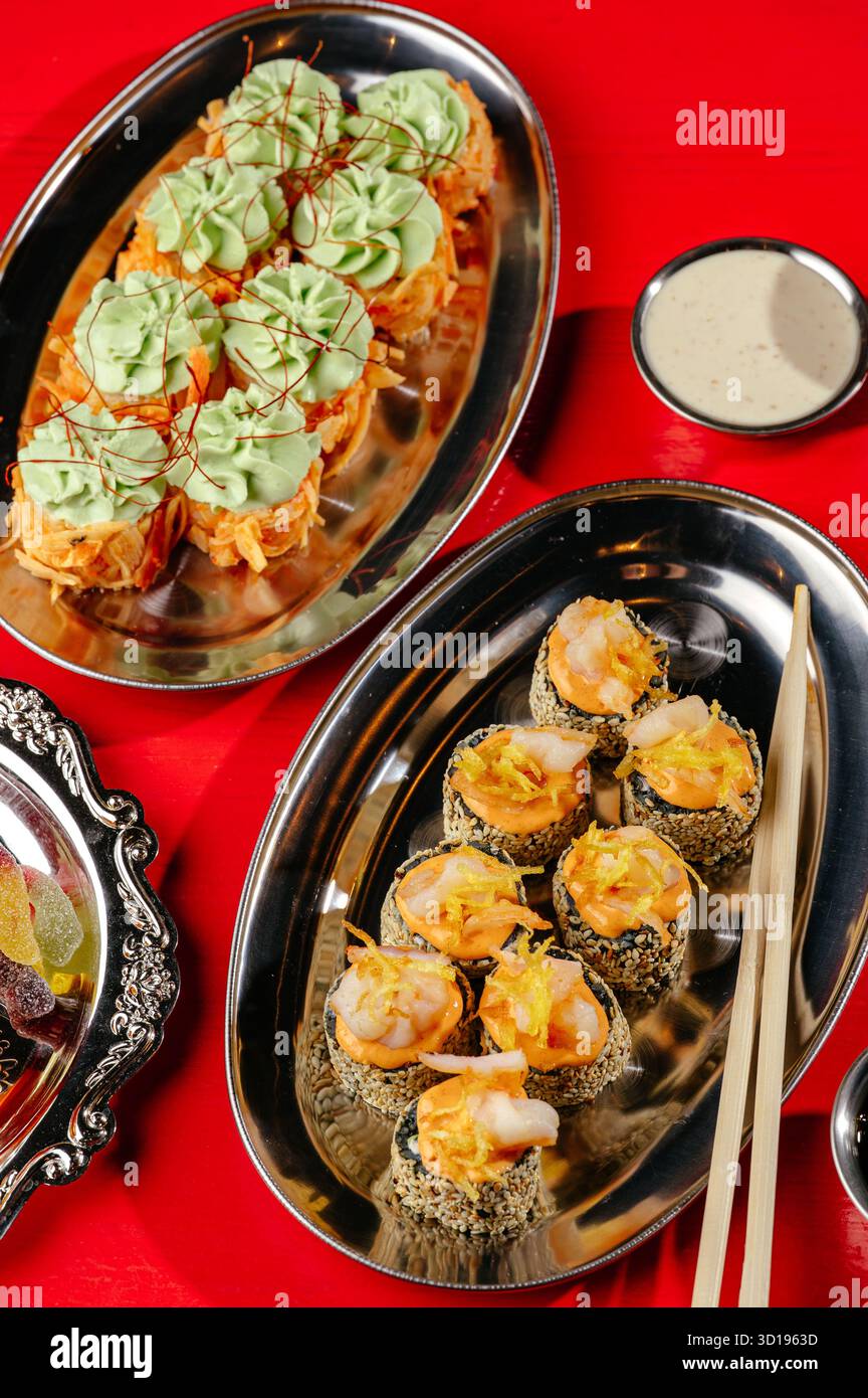 Sesame roll with Chinese sticks and sauce Stock Photo