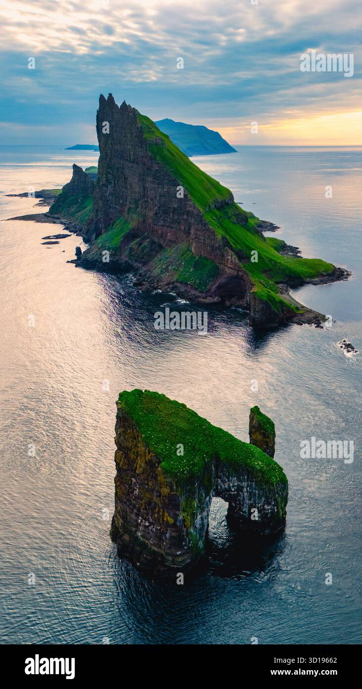 Tindholmur On Faroe Islands Vagar Aerial Drone View During Day In Tindholmur On Faroe Islands Vagar Aerial Drone View During Day In