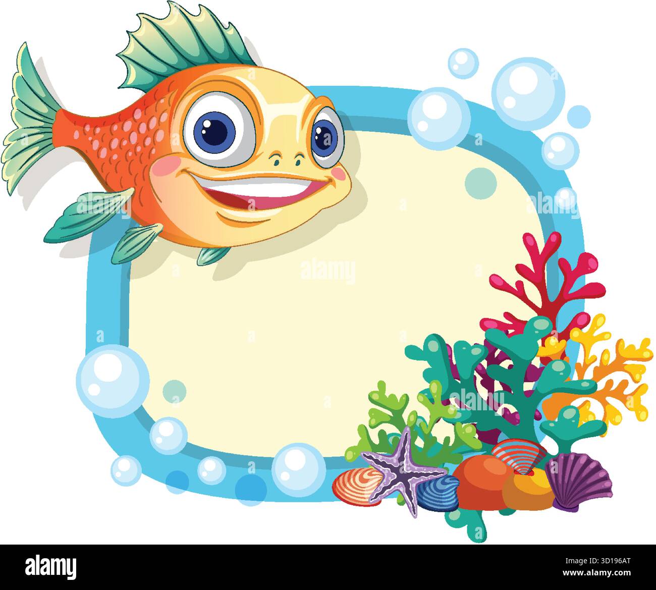 Bright vector fish with large eyes, colorful coral, seashells, and bubbles in playful composition Stock Vector