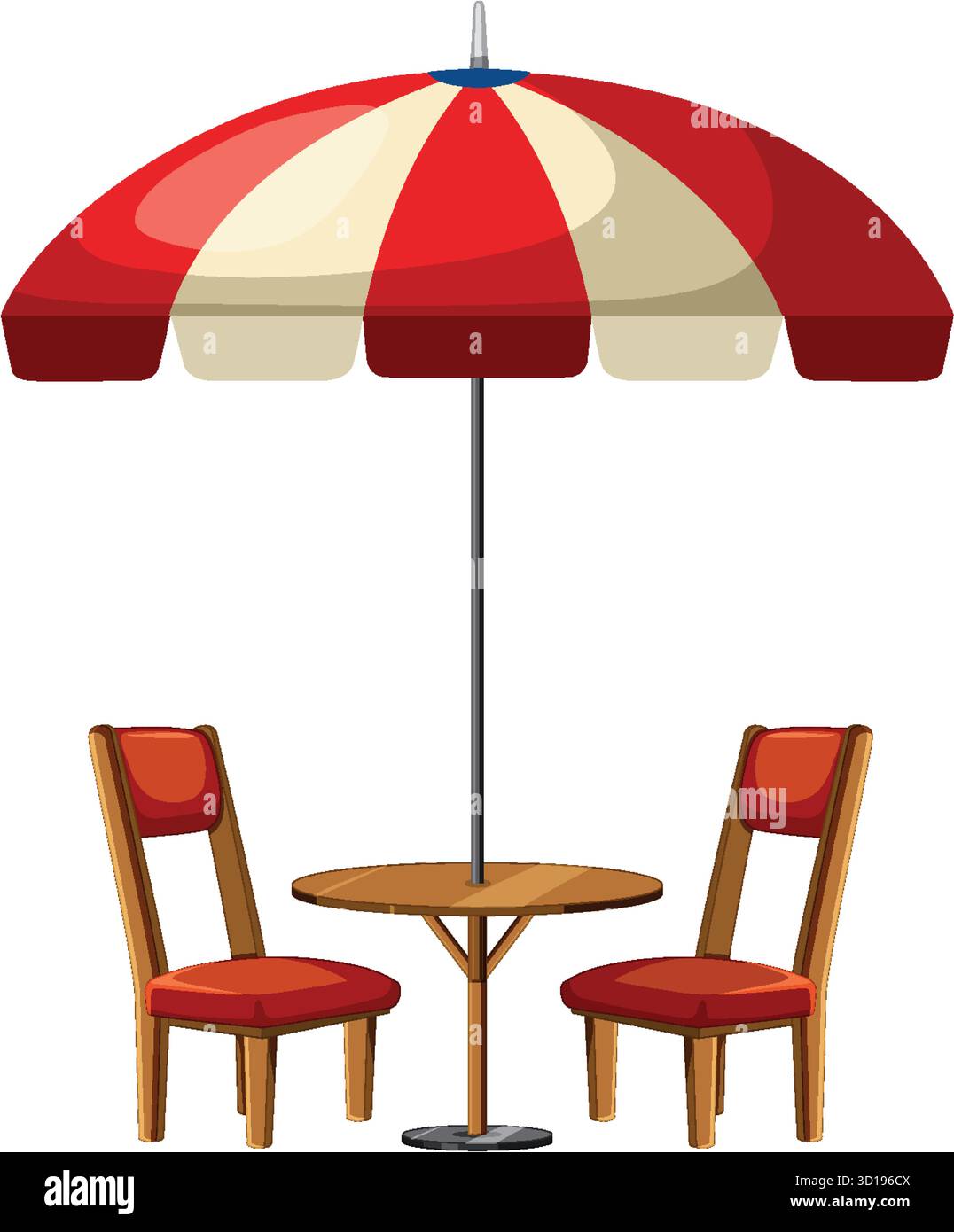 Vector illustration of patio table, two chairs, and large red-striped ...