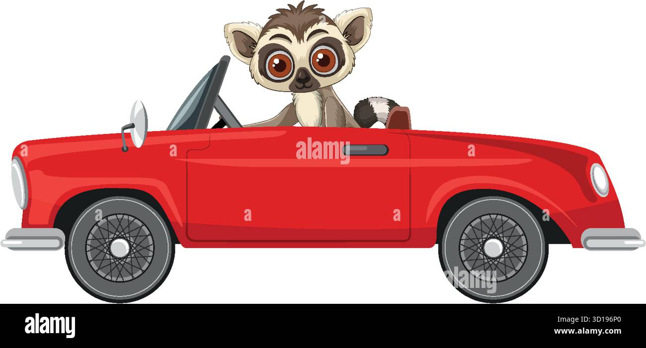 Cartoon lemur sits in bright red convertible, side view, clean vector style, white background Stock Vector
