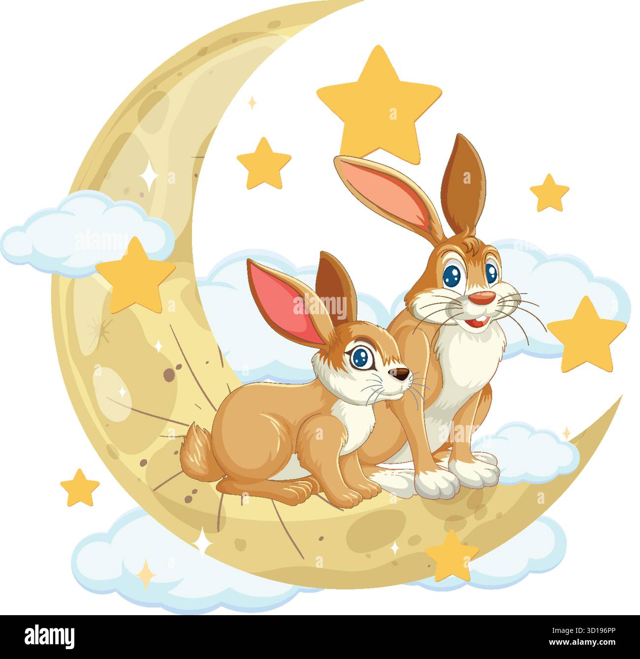 Cute rabbits on crescent moon surrounded by clouds and stars, colorful ...